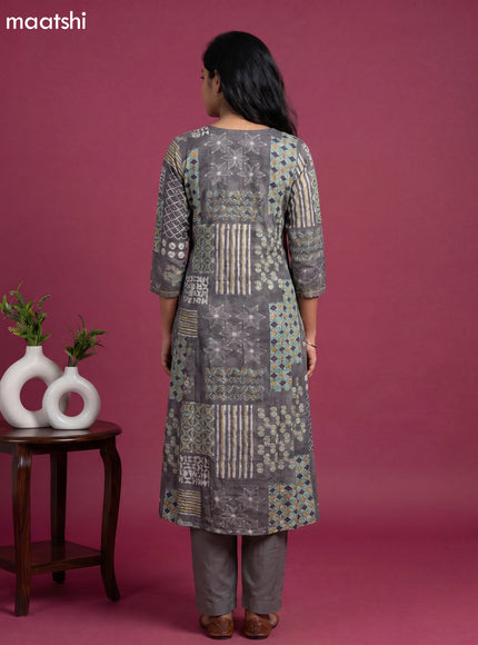 Grey and Mustard Yellow Muslin Embroidery Work Anarkali Suit