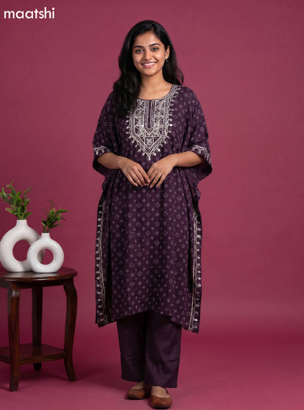 Dark Purple Crepe Silk Bandhani Printed Kaftan Dress