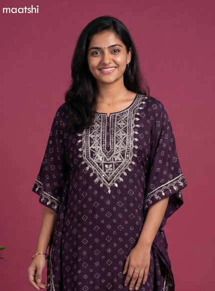 Dark Purple Crepe Silk Bandhani Printed Kaftan Dress