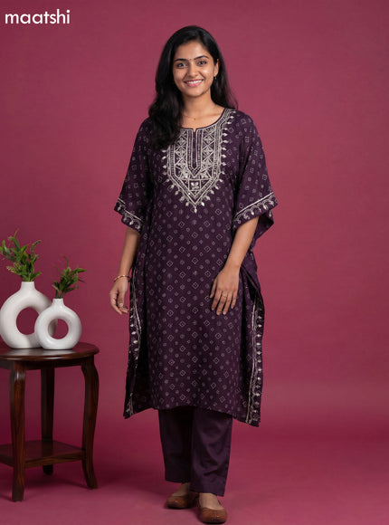 Dark Purple Crepe Silk Bandhani Printed Kaftan Dress