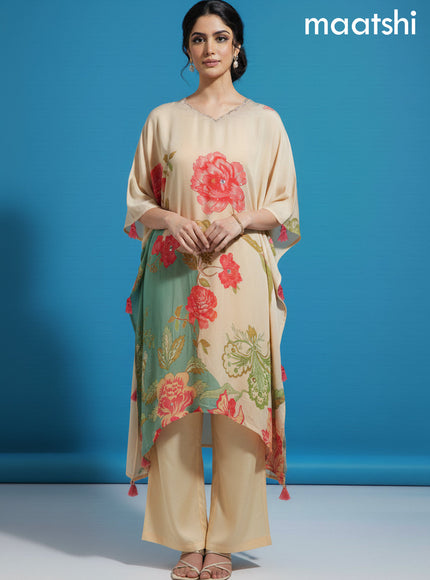Cream Crepe Silk Printed Kaftan Dress