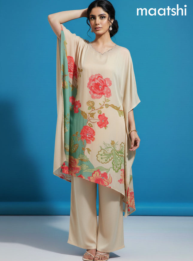 Cream Crepe Silk Printed Kaftan Dress