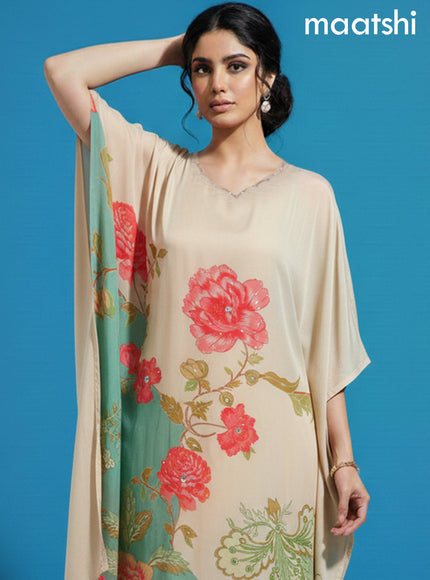 Cream Crepe Silk Printed Kaftan Dress