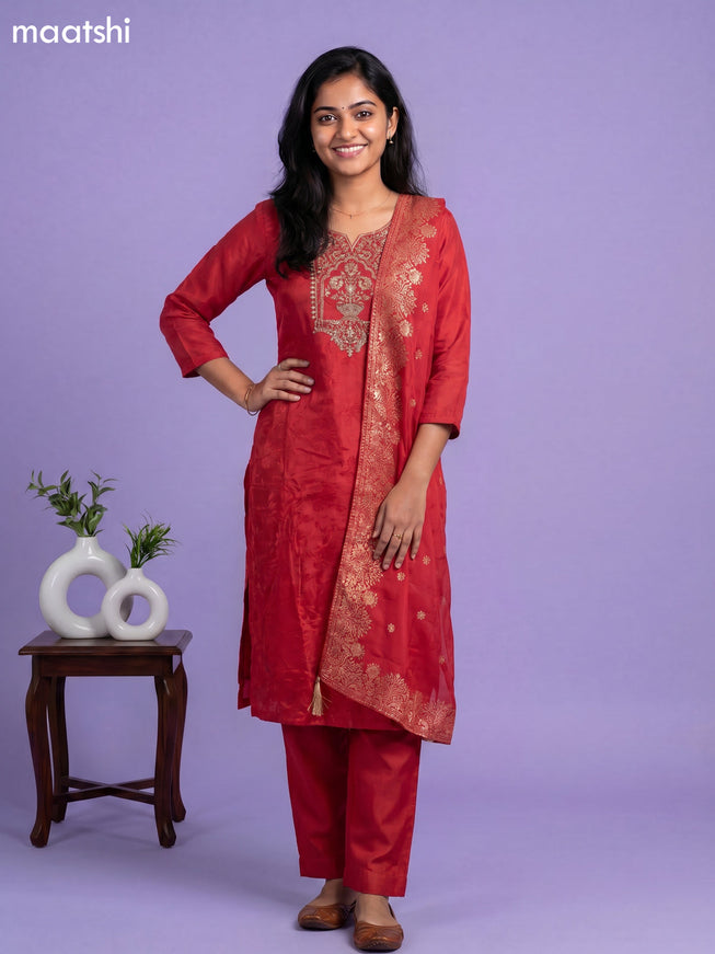 Red Crepe Silk Zardosi Work Straight Suit