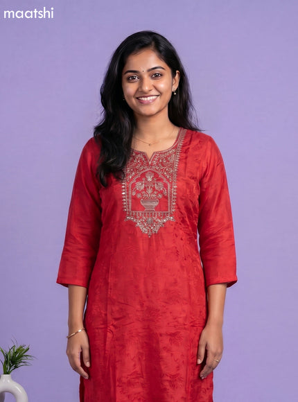 Red Crepe Silk Zardosi Work Straight Suit