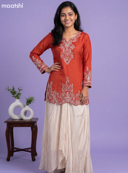 Rustic Orange Chinon Silk Embroidery Work Kurti Set
