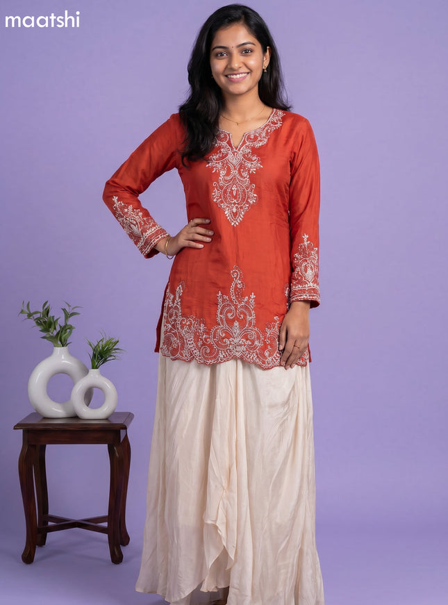 Rustic Orange Chinon Silk Embroidery Work Kurti Set