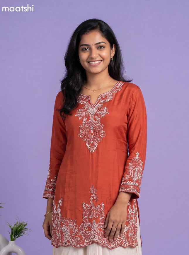 Rustic Orange Chinon Silk Embroidery Work Kurti Set