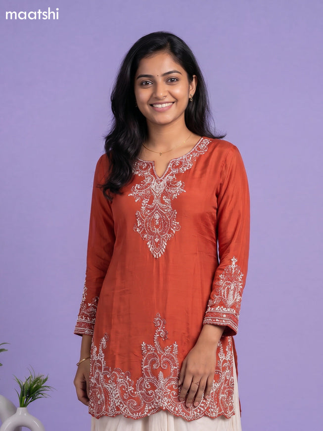 Rustic Orange Chinon Silk Embroidery Work Kurti Set