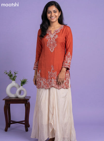 Rustic Orange Chinon Silk Embroidery Work Kurti Set
