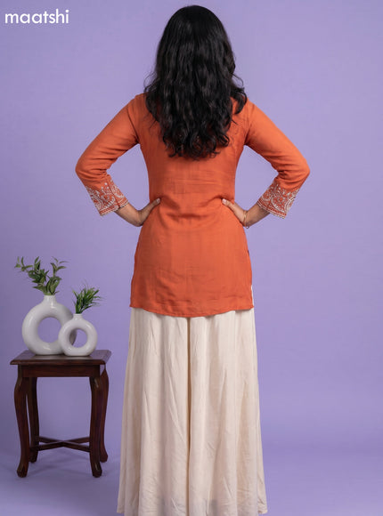 Rustic Orange Chinon Silk Embroidery Work Kurti Set