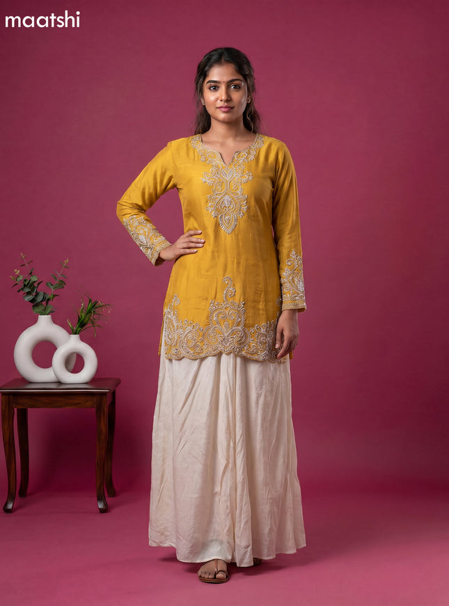 Mustard Yellow Chinon Silk Embroidery Work Kurti Set