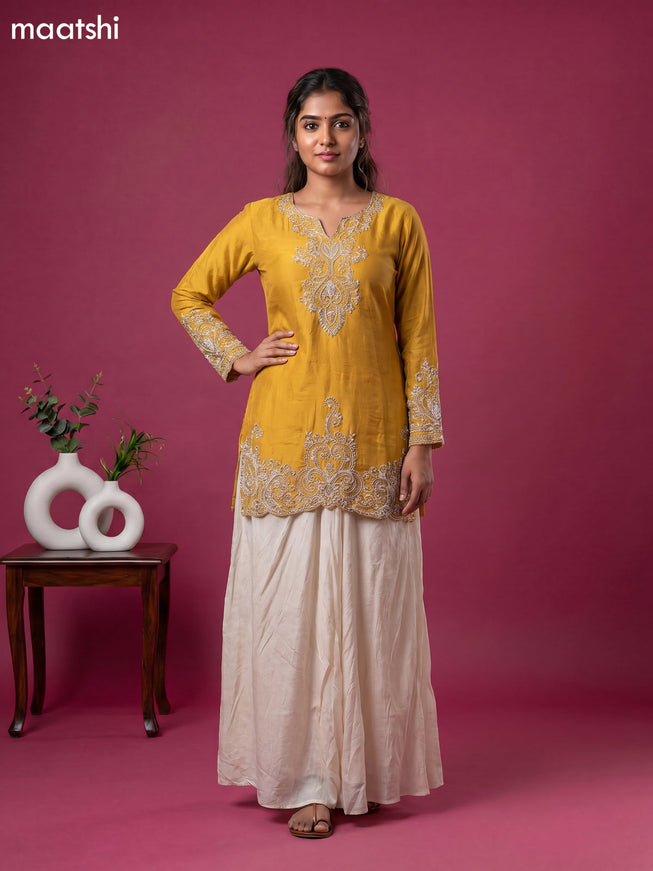 Mustard Yellow Chinon Silk Embroidery Work Kurti Set