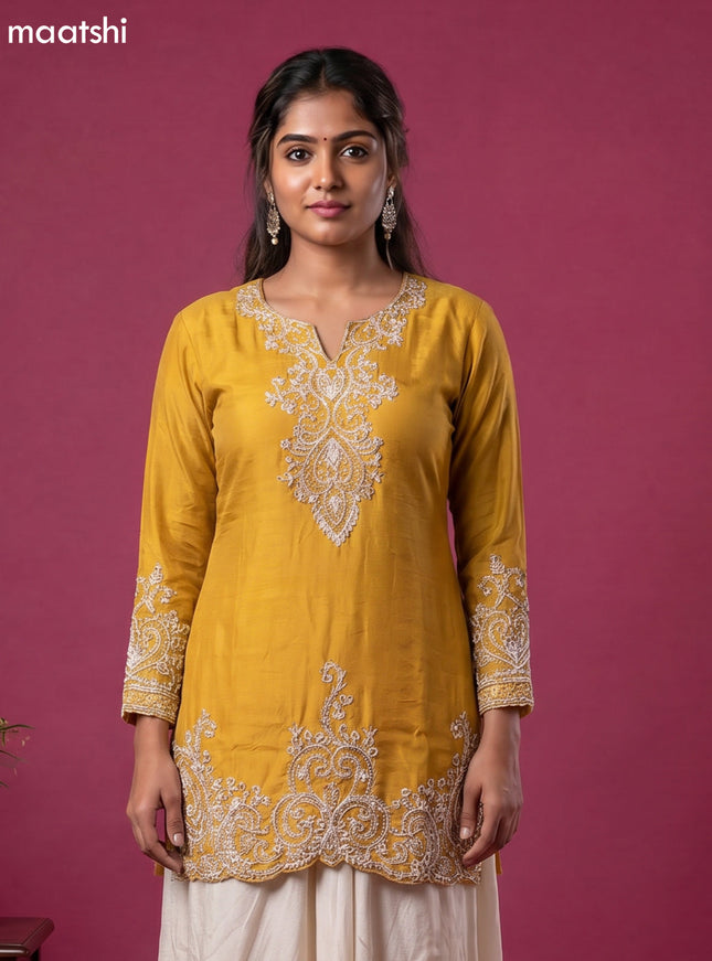Mustard Yellow Chinon Silk Embroidery Work Kurti Set