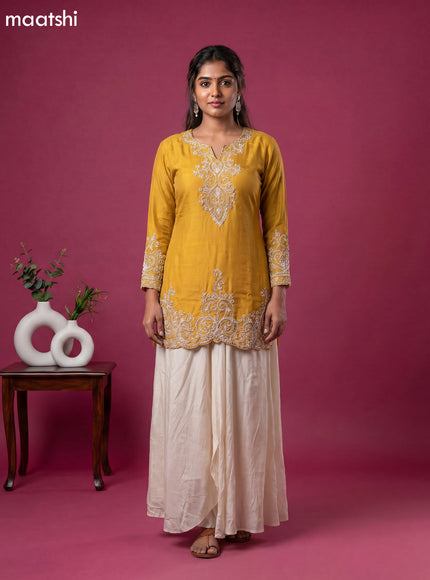 Mustard Yellow Chinon Silk Embroidery Work Kurti Set