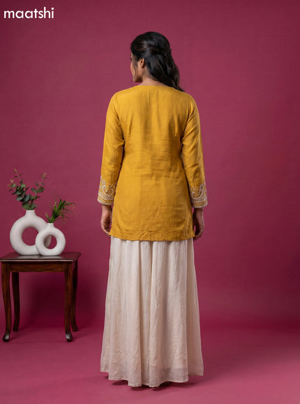 Mustard Yellow Chinon Silk Embroidery Work Kurti Set