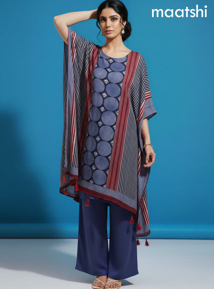 Maroon and Blue Muslin Ajrakh Printed Kaftan Dress