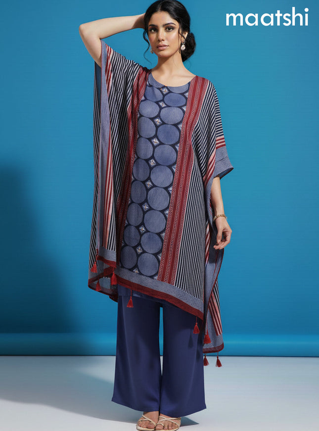 Maroon and Blue Muslin Ajrakh Printed Kaftan Dress