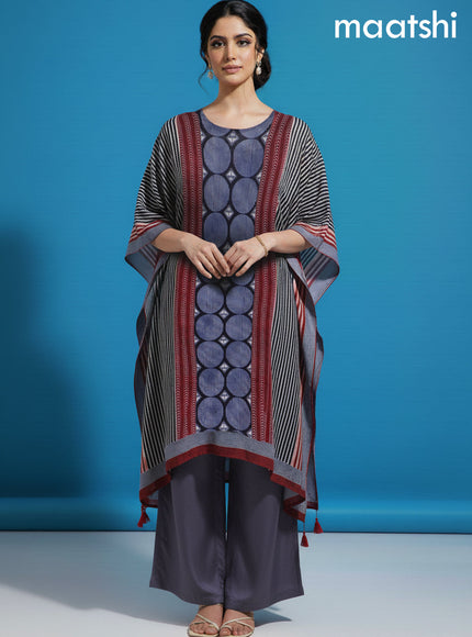 Maroon and Blue Muslin Ajrakh Printed Kaftan Dress