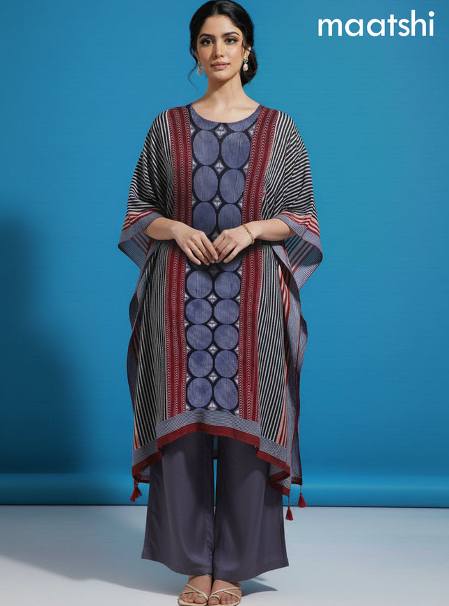 Maroon and Blue Muslin Ajrakh Printed Kaftan Dress