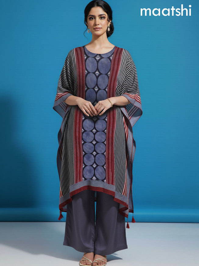 Maroon and Blue Muslin Ajrakh Printed Kaftan Dress