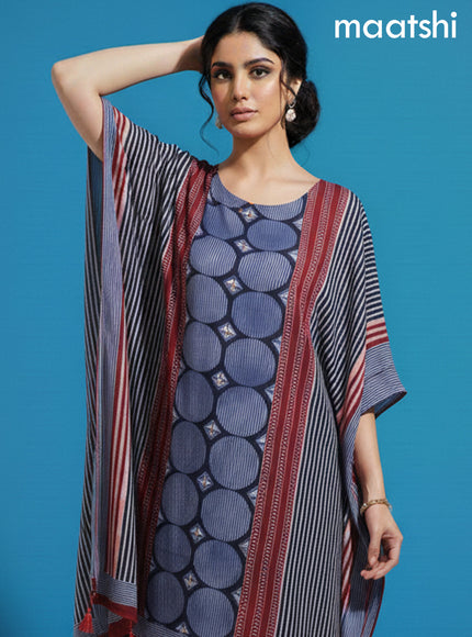 Maroon and Blue Muslin Ajrakh Printed Kaftan Dress