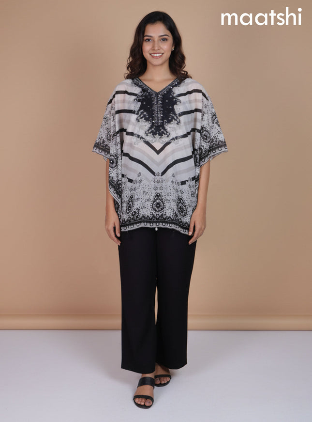Off White and Black Crepe Silk Printed Kaftan Dress