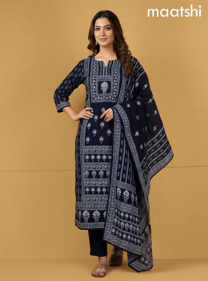 Navy Blue Crepe Silk Printed Straight Suit