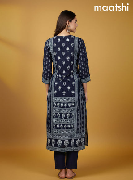 Navy Blue Crepe Silk Printed Straight Suit