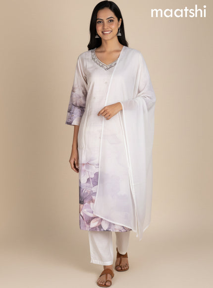 Off White Cotton Blend Floral Printed Straight Suit