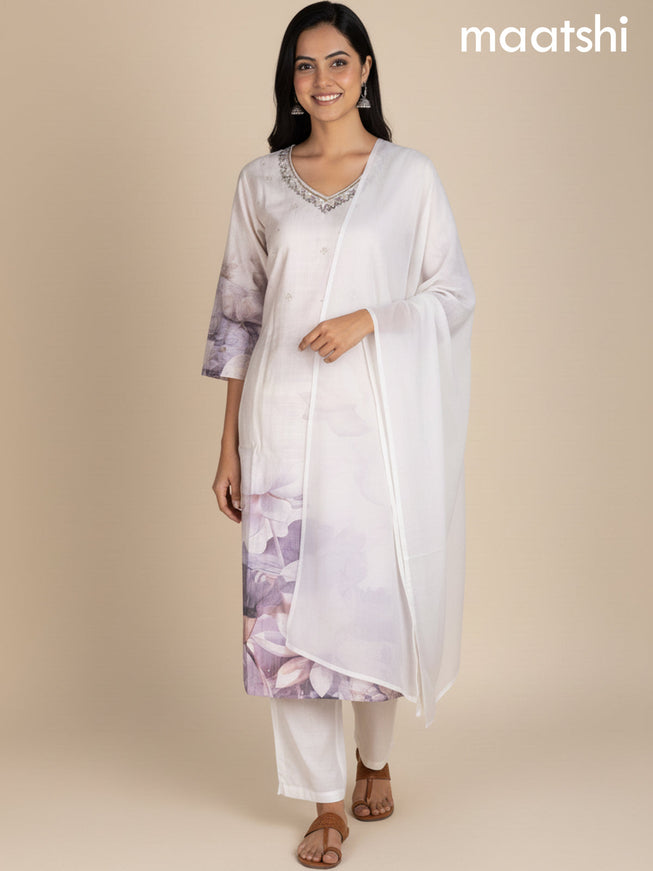 Off White Cotton Blend Floral Printed Straight Suit