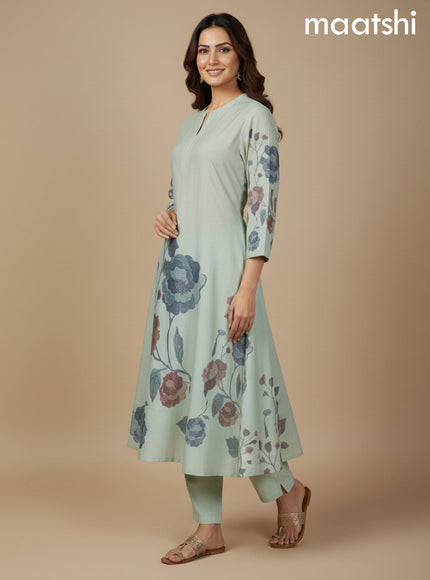 Mild Pista Green Cotton Blend Floral Printed A-Line Kurti Set