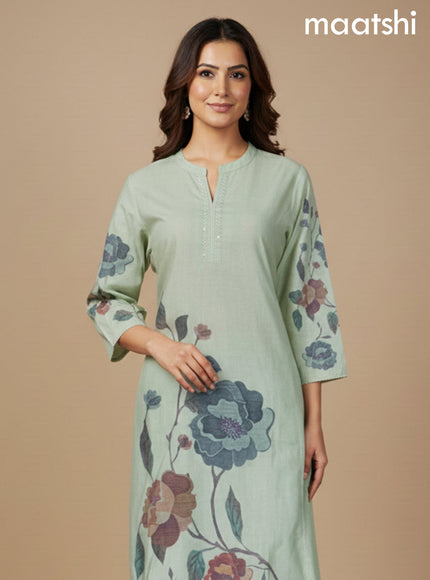 Mild Pista Green Cotton Blend Floral Printed A-Line Kurti Set