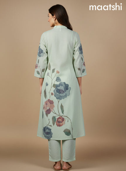 Mild Pista Green Cotton Blend Floral Printed A-Line Kurti Set