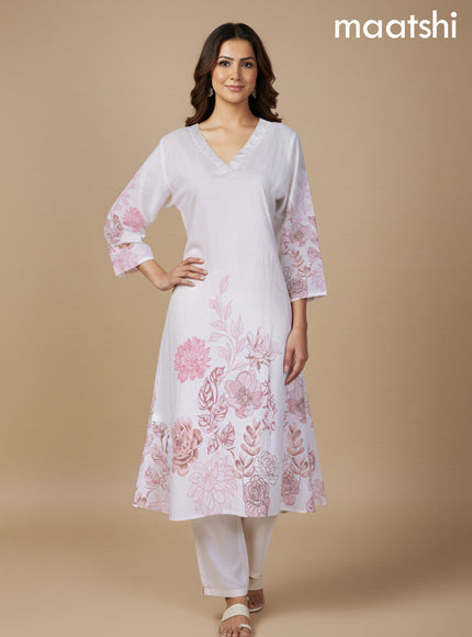 Off White Cotton Blend Floral Printed A-Line Kurti Set