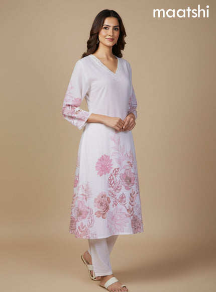 Off White Cotton Blend Floral Printed A-Line Kurti Set
