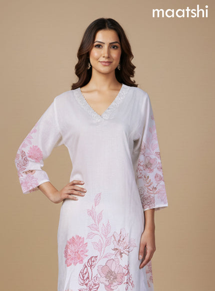 Off White Cotton Blend Floral Printed A-Line Kurti Set