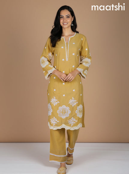 Yellow Shade Cotton Hakoba Work Kurti Set