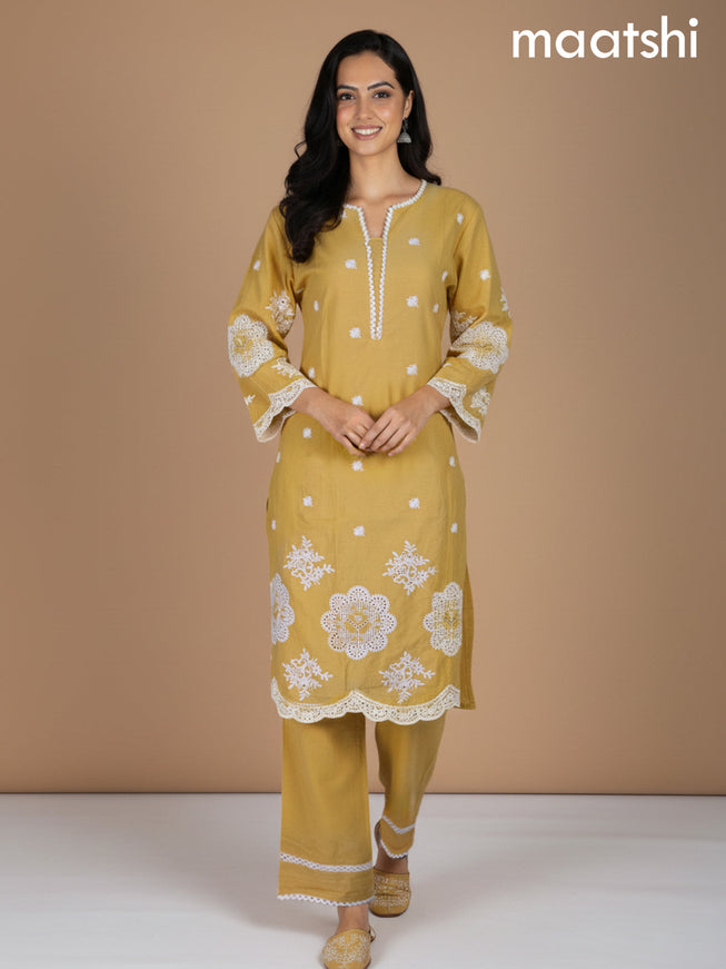 Yellow Shade Cotton Hakoba Work Kurti Set