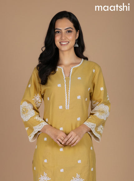 Yellow Shade Cotton Hakoba Work Kurti Set