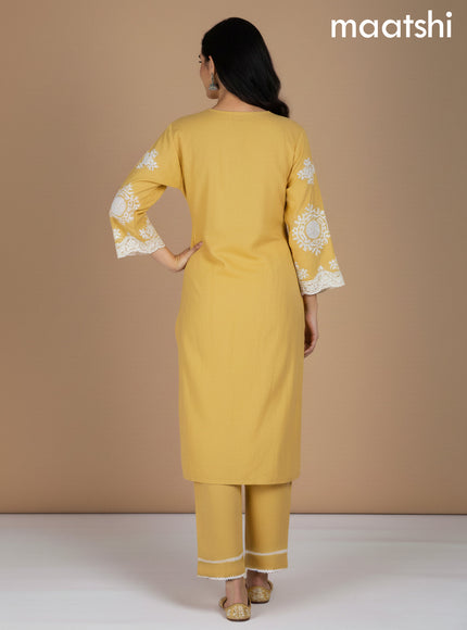 Yellow Shade Cotton Hakoba Work Kurti Set