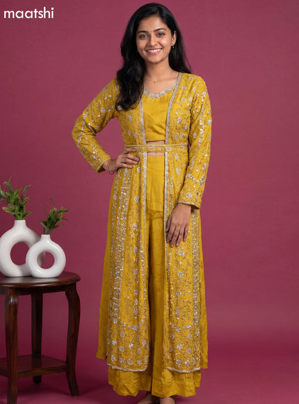 Yellow Chinon Silk Embroidery Work Suit With Jacket & Belt Indo Western Styles