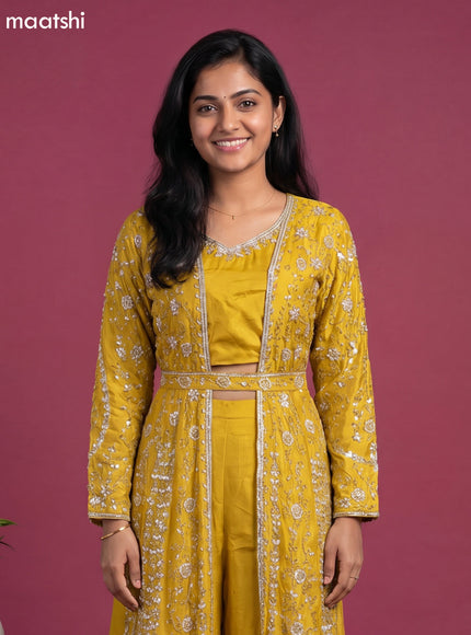 Yellow Chinon Silk Embroidery Work Suit With Jacket & Belt Indo Western Styles