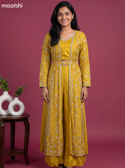 Yellow Chinon Silk Embroidery Work Suit With Jacket & Belt Indo Western Styles