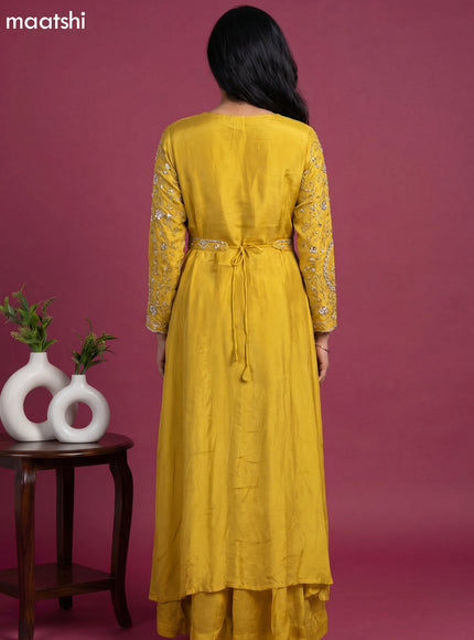 Yellow Chinon Silk Embroidery Work Suit With Jacket & Belt Indo Western Styles