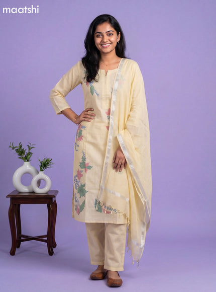 Pale Yellow Cotton Floral Embroidery Work Straight Suit