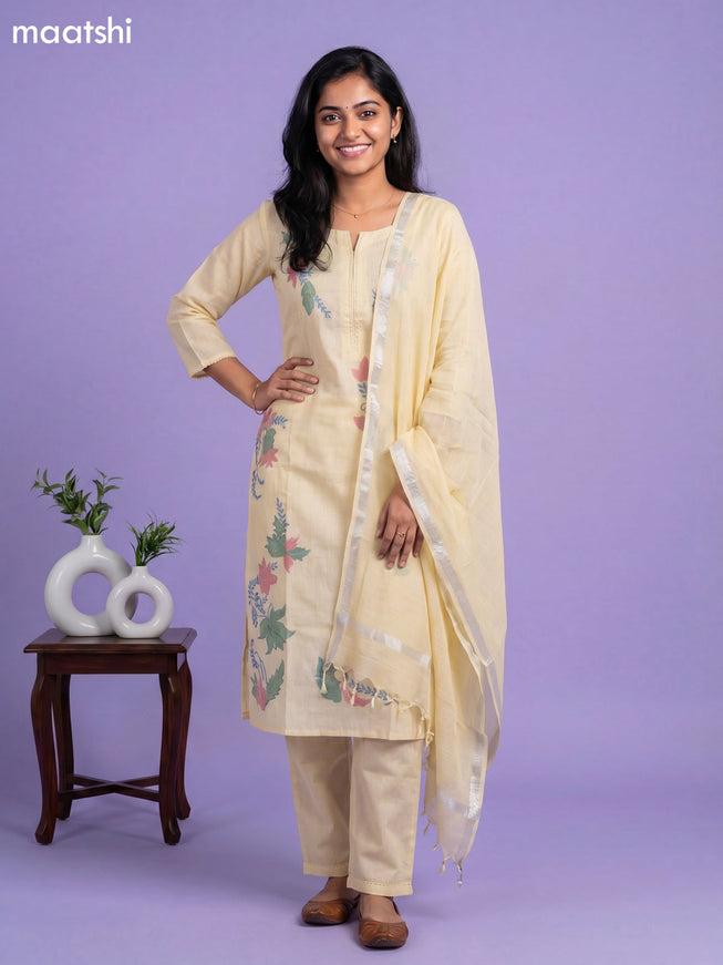 Pale Yellow Cotton Floral Embroidery Work Straight Suit