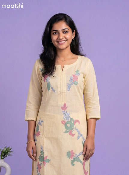 Pale Yellow Cotton Floral Embroidery Work Straight Suit