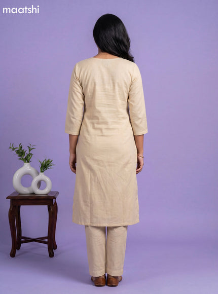 Pale Yellow Cotton Floral Embroidery Work Straight Suit