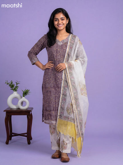 Purple and Off White Kota Printed & Embroidery Work Straight Suit